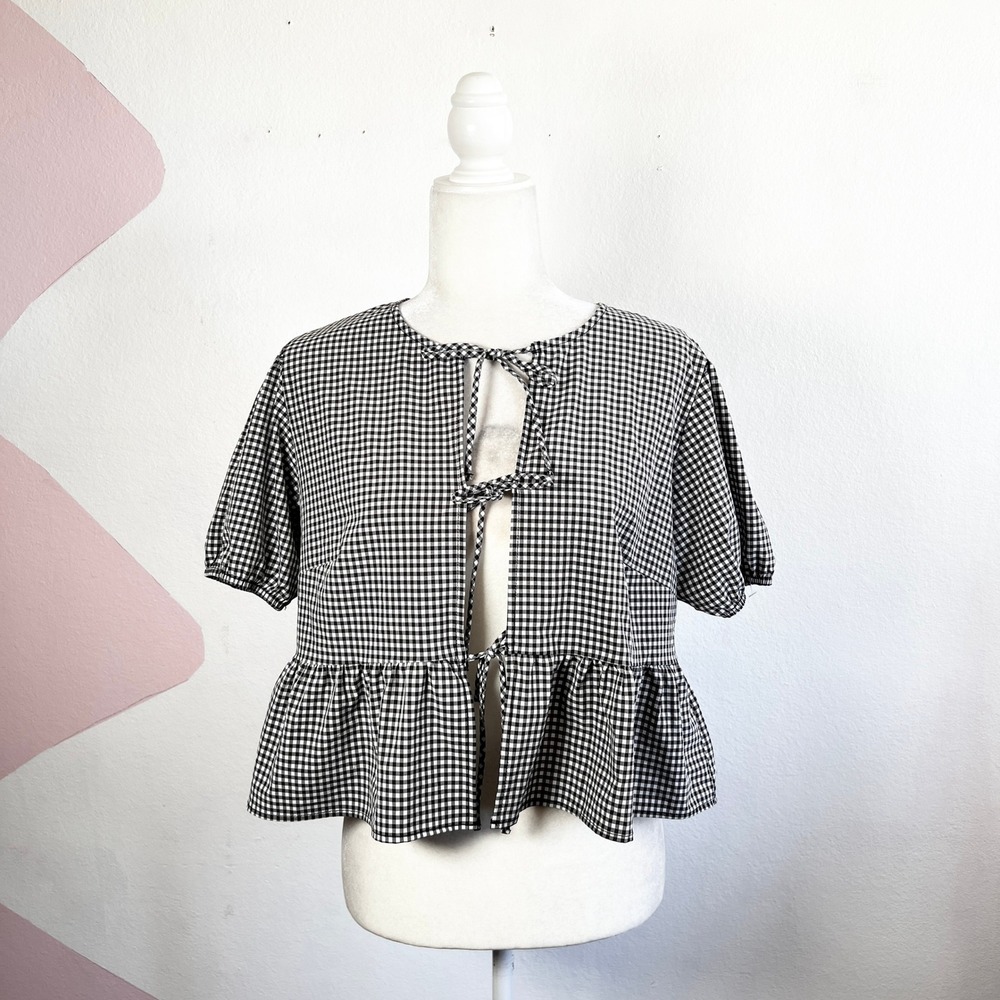 Gingham Puff Sleeve Top Peplum Cottagecore Blouse Sz‎ Medium